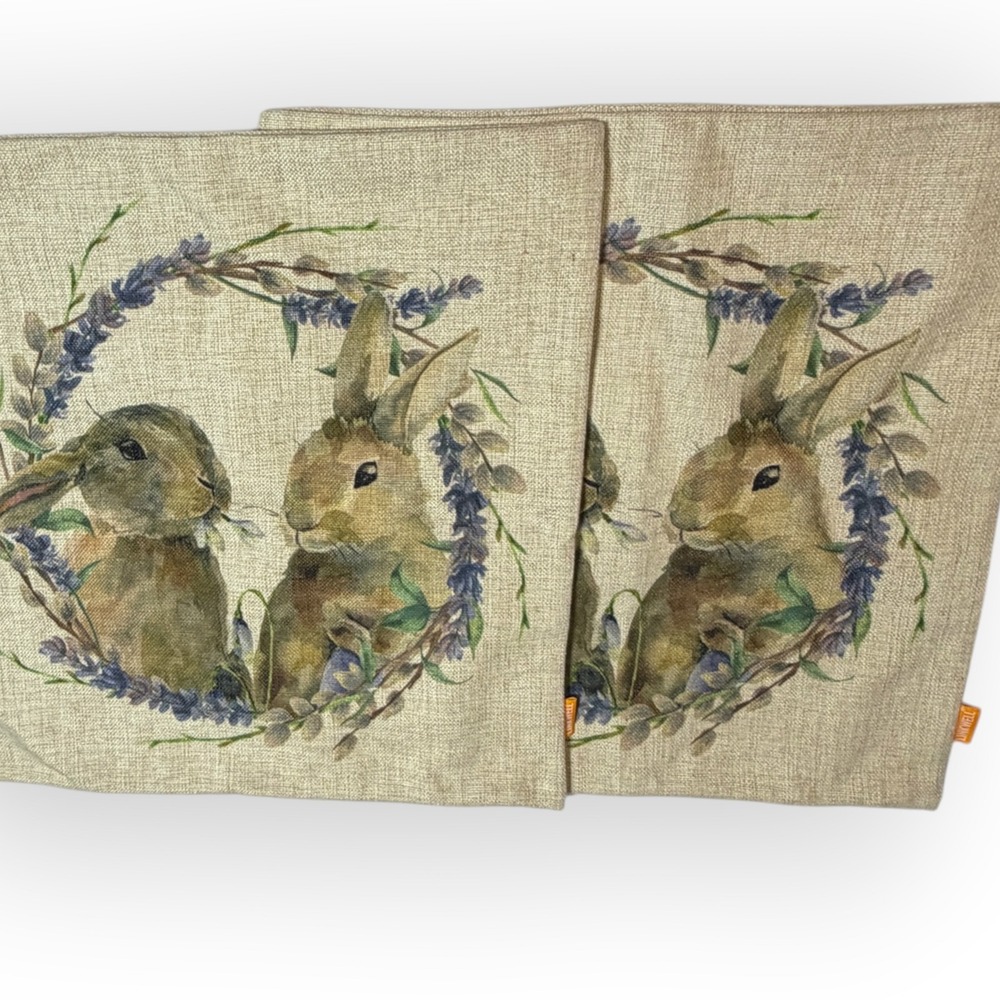 Set 2 Bunny Rabbit Lavender Wreath Linen Throw Pillow Covers 17 x 17 Cottagecore